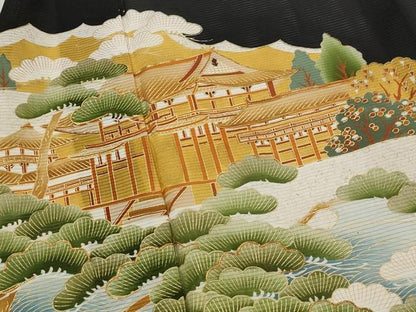平和屋着物＊夏物　黒留袖　絽　駒刺繍　風景枝松文　金彩　正絹　逸品　AABJ8782st