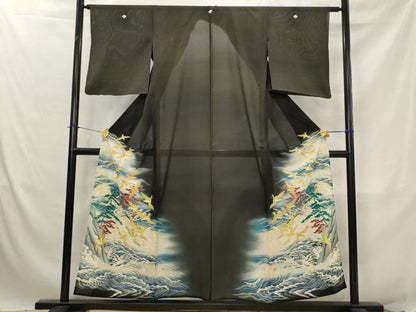 平和屋着物＊夏物　アンティーク　大正ロマン　黒留袖　絽　両褄　流水飛鳥松文　暈し染め　正絹　逸品　AABJ8783st