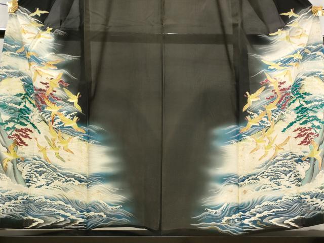 平和屋着物＊夏物　アンティーク　大正ロマン　黒留袖　絽　両褄　流水飛鳥松文　暈し染め　正絹　逸品　AABJ8783st