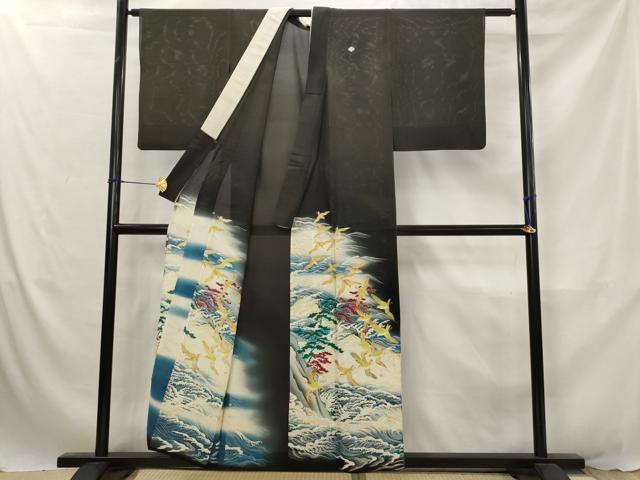 平和屋着物＊夏物　アンティーク　大正ロマン　黒留袖　絽　両褄　流水飛鳥松文　暈し染め　正絹　逸品　AABJ8783st