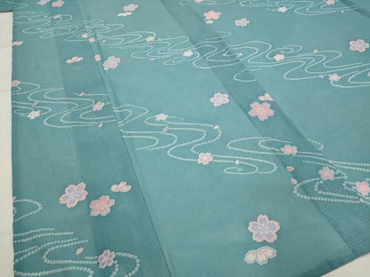 平和屋着物＊夏物　小紋　絽　流水舞桜文　洗える着物　AABJ8787st