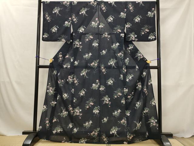 平和屋着物＊夏物　小紋　紗　草花文　洗える着物　AABJ8792st