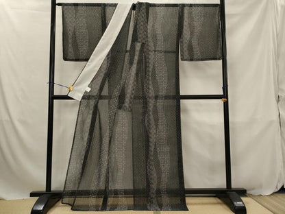 平和屋着物＊夏物　小紋　紗　立涌寄柄　黒地　洗える着物　未使用　AABJ8794st