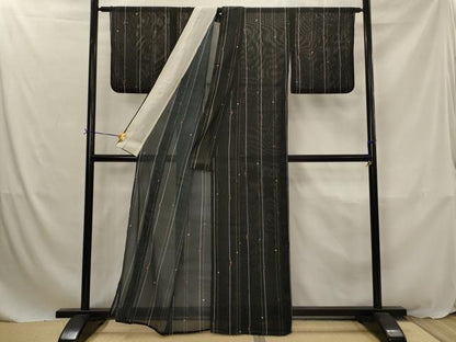 平和屋着物＊夏物　小紋　絽　間道　黒地　洗える着物　AABJ8801st