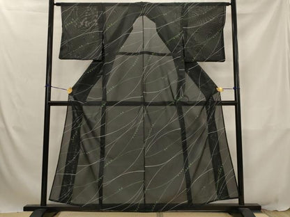 平和屋着物＊夏物　小紋　絽　幾何学文様　黒地　洗える着物　AABJ8802st