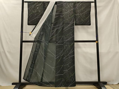 平和屋着物＊夏物　小紋　絽　幾何学文様　黒地　洗える着物　AABJ8802st