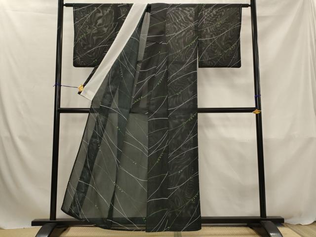 平和屋着物＊夏物　小紋　絽　幾何学文様　黒地　洗える着物　AABJ8802st