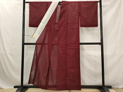 平和屋着物＊夏物　色無地　枝葉文紗　葡萄茶色　正絹　逸品　AABJ8806st