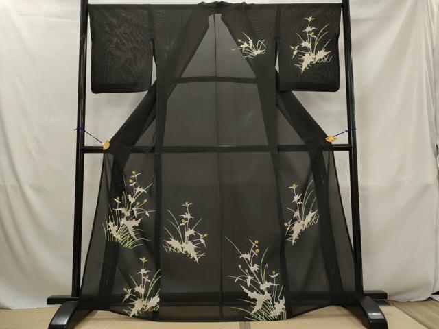 平和屋着物＊夏物　訪問着　絽　草花文　黒地　正絹　逸品　AABJ8815st
