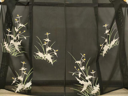 平和屋着物＊夏物　訪問着　絽　草花文　黒地　正絹　逸品　AABJ8815st