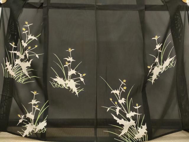 平和屋着物＊夏物　訪問着　絽　草花文　黒地　正絹　逸品　AABJ8815st