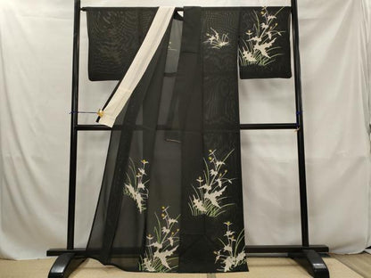 平和屋着物＊夏物　訪問着　絽　草花文　黒地　正絹　逸品　AABJ8815st
