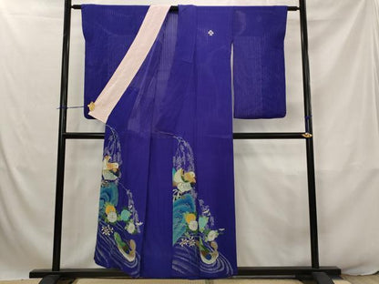 平和屋着物＊夏物　中国三大刺繍　相良刺繍　アンティーク　大正ロマン　色留袖　縦絽　両褄　手描き　鴛鴦文　正絹　逸品　AABJ8817st