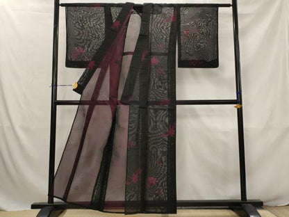 平和屋着物＊夏物　小紋　紗　竜田川　黒地　正絹　逸品　未使用　AABJ8818st