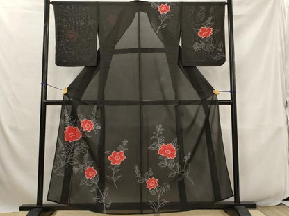 平和屋着物＊夏物　訪問着　絽　絞り　更紗花文　黒地　正絹　逸品　AABJ8825st