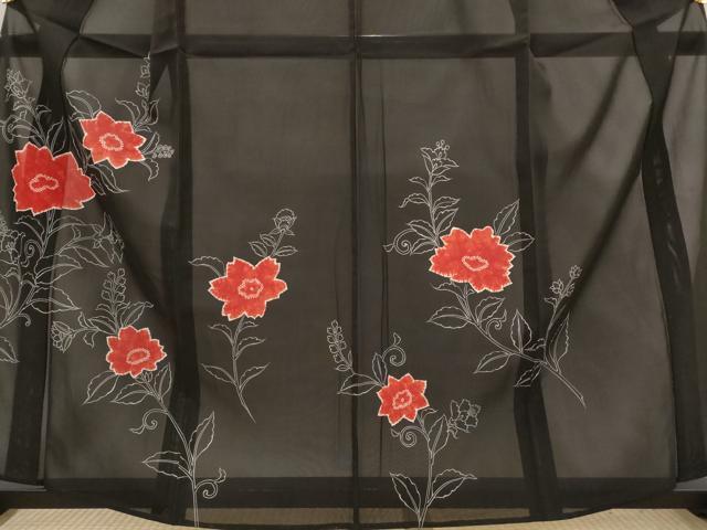 平和屋着物＊夏物　訪問着　絽　絞り　更紗花文　黒地　正絹　逸品　AABJ8825st
