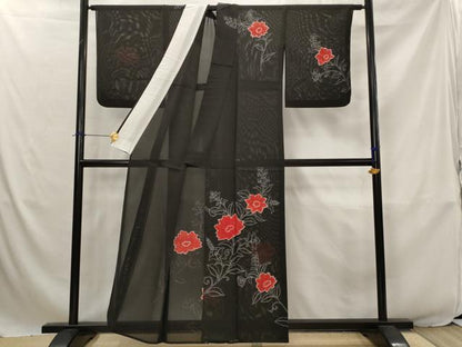 平和屋着物＊夏物　訪問着　絽　絞り　更紗花文　黒地　正絹　逸品　AABJ8825st