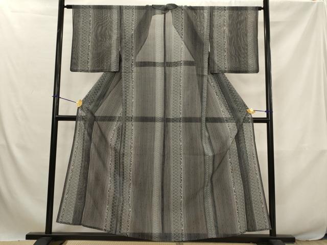 平和屋着物＊夏物　小紋　絽　間道　黒地　洗える着物　AABJ8840st