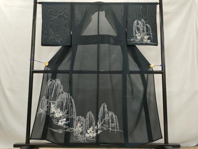 平和屋着物＊夏物　訪問着　絽　流水花文　黒地　正絹　逸品　AABJ8853st