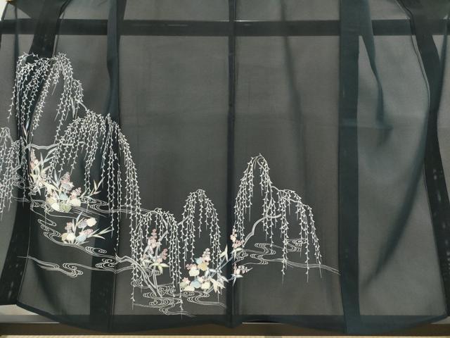 平和屋着物＊夏物　訪問着　絽　流水花文　黒地　正絹　逸品　AABJ8853st