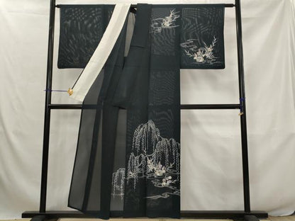平和屋着物＊夏物　訪問着　絽　流水花文　黒地　正絹　逸品　AABJ8853st
