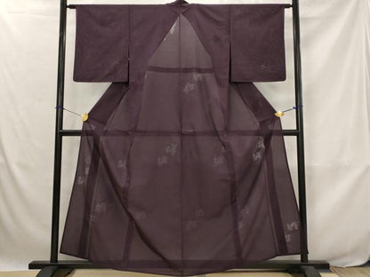 平和屋着物＊夏物　色無地　縦絽　蔦の葉文紗　似せ紫色　正絹　逸品　未使用　AABJ8859st