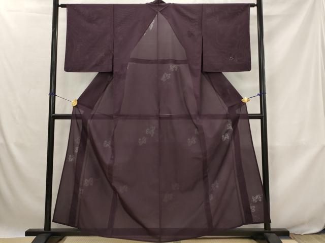 平和屋着物＊夏物　色無地　縦絽　蔦の葉文紗　似せ紫色　正絹　逸品　未使用　AABJ8859st