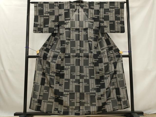 平和屋着物＊夏物　小紋　紗　市松エ霞文様　黒地　洗える着物　AABJ8863st