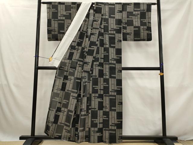 平和屋着物＊夏物　小紋　紗　市松エ霞文様　黒地　洗える着物　AABJ8863st
