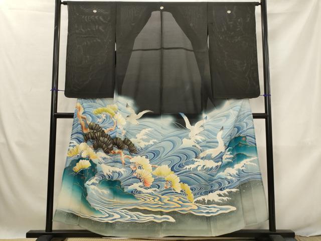 平和屋着物＊夏物　アンティーク　大正ロマン　黒留袖　絽　刺繍　流水飛鳥松文　暈し染め　銀糸　正絹　逸品　AABJ8869st