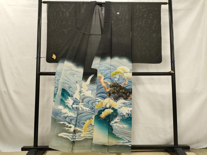 平和屋着物＊夏物　アンティーク　大正ロマン　黒留袖　絽　刺繍　流水飛鳥松文　暈し染め　銀糸　正絹　逸品　AABJ8869st