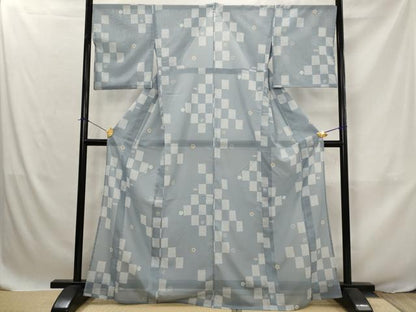 平和屋着物＊夏物　小紋　絽　市松花文　洗える着物　AABJ8881st