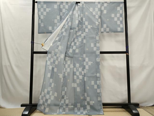 平和屋着物＊夏物　小紋　絽　市松花文　洗える着物　AABJ8881st