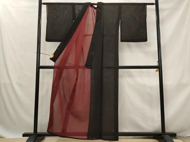 平和屋着物＊夏物　小紋　紗　草花文　黒地　AABJ8888st