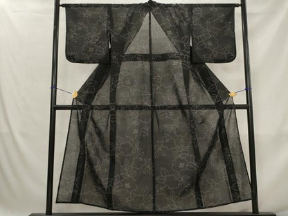平和屋着物＊夏物　紗紬　舞花文　黒地　正絹　逸品　AABJ8894st