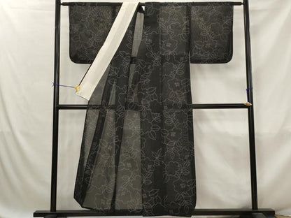 平和屋着物＊夏物　紗紬　舞花文　黒地　正絹　逸品　AABJ8894st