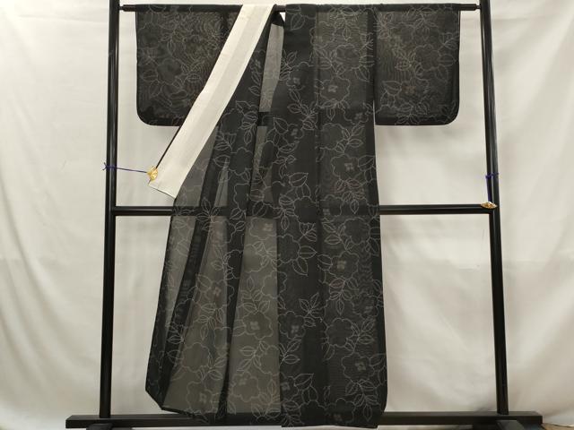 平和屋着物＊夏物　紗紬　舞花文　黒地　正絹　逸品　AABJ8894st