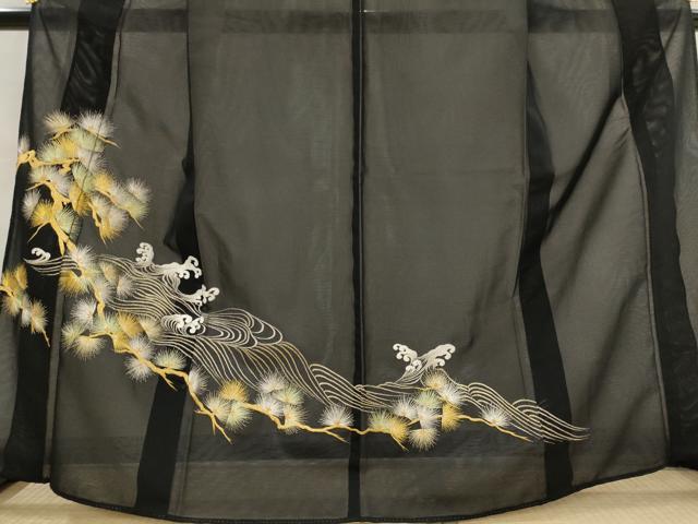 平和屋着物＊夏物　黒留袖　絽　刺繍　流水枝松文　金銀糸　洗える着物　AABJ8896st
