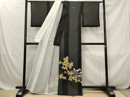 平和屋着物＊夏物　黒留袖　絽　刺繍　流水枝松文　金銀糸　洗える着物　AABJ8896st