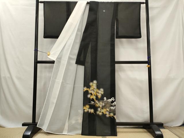 平和屋着物＊夏物　黒留袖　絽　刺繍　流水枝松文　金銀糸　洗える着物　AABJ8896st