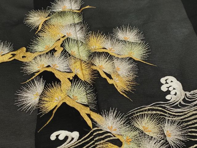 平和屋着物＊夏物　黒留袖　絽　刺繍　流水枝松文　金銀糸　洗える着物　AABJ8896st