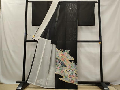 平和屋着物＊夏物　黒留袖　絽　駒刺繍　吉祥孔雀花文　銀彩　洗える着物　AABJ8897st