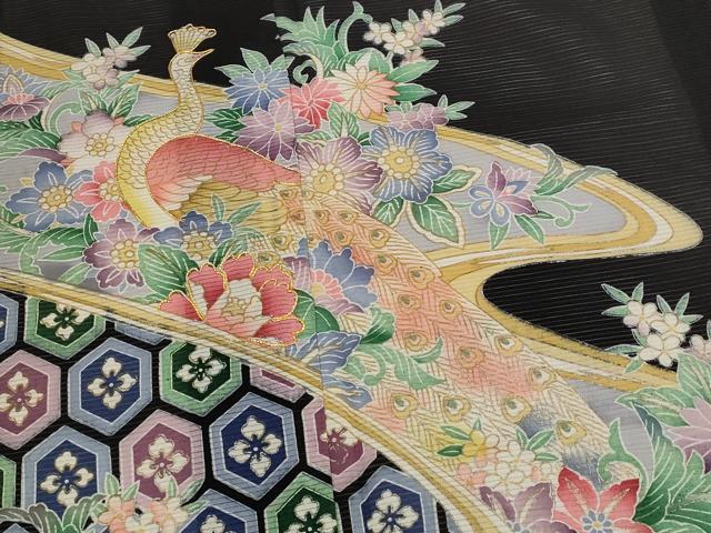 平和屋着物＊夏物　黒留袖　絽　駒刺繍　吉祥孔雀花文　銀彩　洗える着物　AABJ8897st