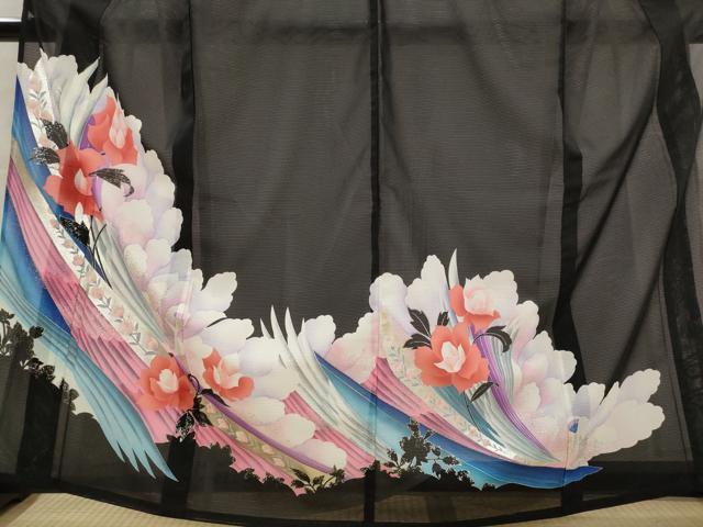 平和屋着物＊夏物　黒留袖　絽　草花文　銀彩　洗える着物　AABJ8898st