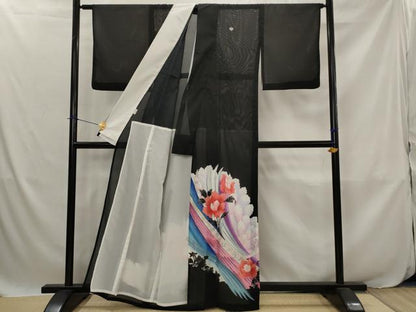 平和屋着物＊夏物　黒留袖　絽　草花文　銀彩　洗える着物　AABJ8898st