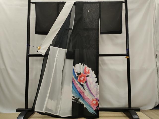 平和屋着物＊夏物　黒留袖　絽　草花文　銀彩　洗える着物　AABJ8898st