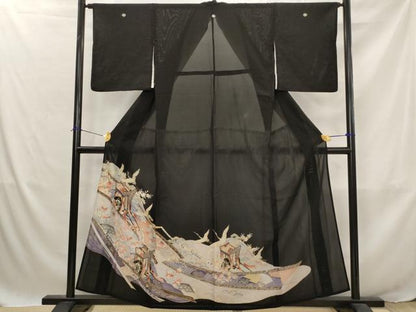平和屋着物＊夏物　黒留袖　絽　御所車飛鶴花文　金彩　洗える着物　AABJ8899st