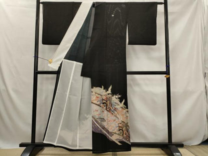 平和屋着物＊夏物　黒留袖　絽　御所車飛鶴花文　金彩　洗える着物　AABJ8899st