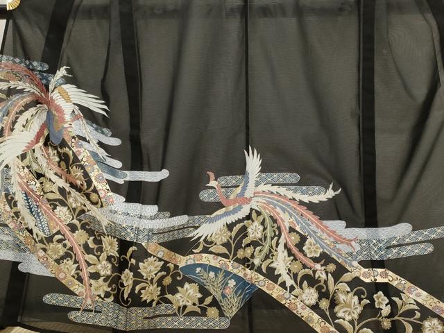 平和屋着物＊夏物　黒留袖　絽　吉祥鳳凰更紗花文　金彩　洗える着物　AABJ8900st