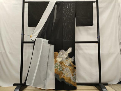 平和屋着物＊夏物　黒留袖　絽　刺繍　流水飛鶴花文　金糸　金彩　洗える着物　AABJ8901st